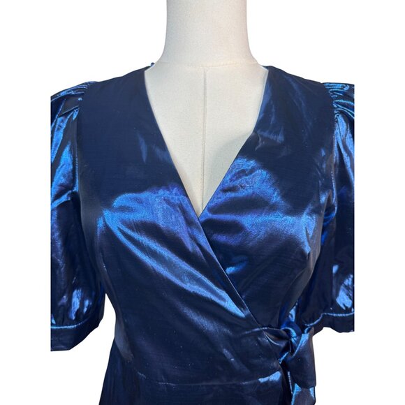2/$30 ZARA Small Shiny Blue Puff Sleeve Wrap Dress - Picture 4 of 16